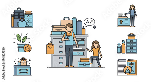 Home organization and decluttering vector illustrations set.