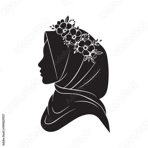 Vector silhouette of woman wearing hijab with floral crown