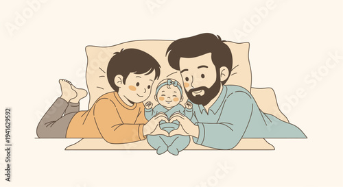 A loving father and son welcome their new baby sister home