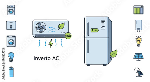 Eco-Friendly Inverter Air Conditioner and Refrigerator Icons with Energy Saving Symbols.