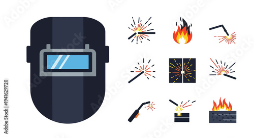 A collection of flat design welding icons including a protective mask torch sparks and flame symbols.