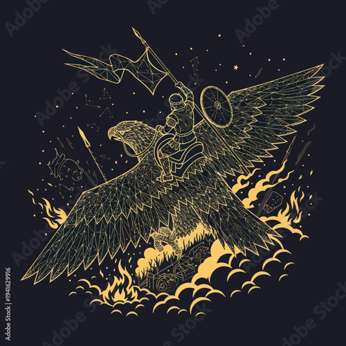 Illustration of Angel Riding Eagle with Flames.
