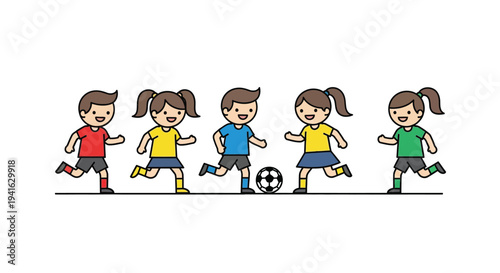 A line of children playing and kicking a soccer ball outdoors
