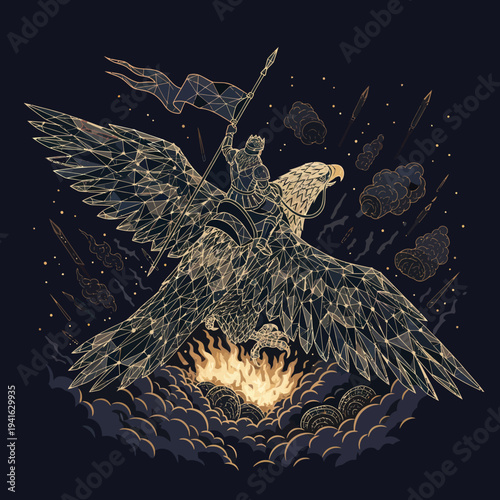 Eagle with outstretched wings and sword.