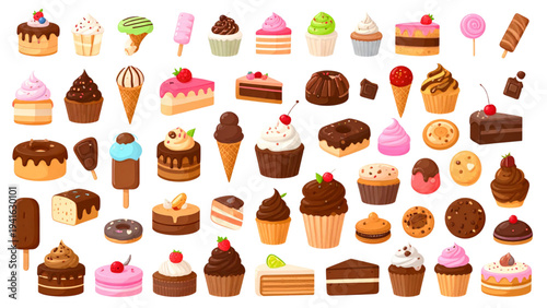 Colorful Dessert and Sweet Food Icon Set – Cakes, Ice Cream, Cookies, Candy & Jars – Cute Flat Cartoon Vector Collection