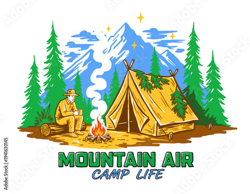 Mountain air camp life graphic. Outdoor adventure illustration design. Vintage camping artwork for t-shirt. Wild nature exploration print. Happy campe