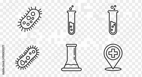 Line art icons depicting scientific and medical concepts including bacteria, test tubes, and a hospital location pin.