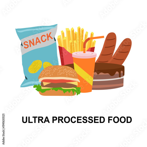Hamburger, Sausage, French Fries, Soft Drinks, Ice Cream and Fried Chip Snack for Ultra-Processed Foods and High Calorie Foods Eating Concept Illustration