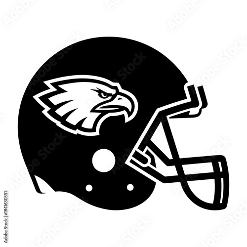American football helmet with eagle mascot logo, black and white sports equipment vector illustration