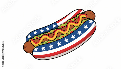 American style hot dog illustration with flag themed bun