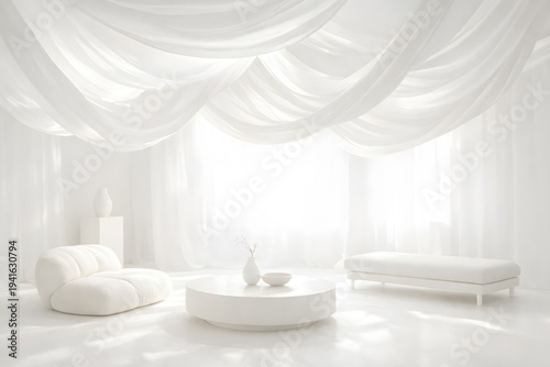 A serene and modern living room a minimalist aesthetic and soft natural light