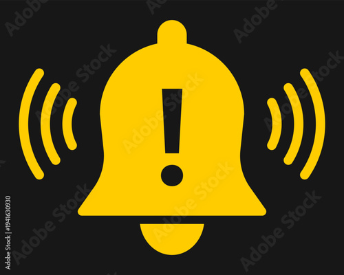 Warning notification bell icon with exclamation mark and ringing waves alert alarm symbol emergency message reminder attention signal for mobile app interface web design
