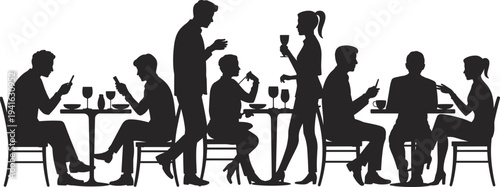 Black silhouette vector illustration of people in a cafe sitting at tables using mobile phones while standing friends talk together.