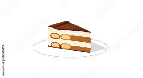 A single slice of tiramisu cake presented on a white plate