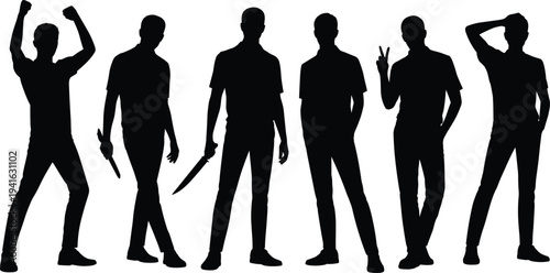 Black silhouette vector illustration of six casual young men standing in various poses including aggressive criminals holding sharp knife weapons.