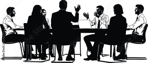 Black silhouette vector illustration of six corporate business professionals having a strategic meeting around a conference table with a laptop.