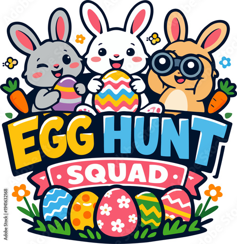 Vintage-style illustration of an adorable Easter bunny dressed as a detective: wearing a deerstalker hat and trench coat, holding a magnifying glass and a basket full of colorful patterned Easter eggs