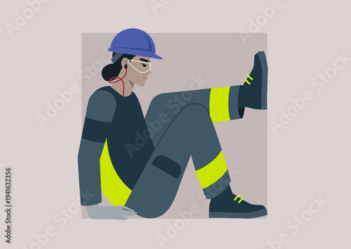 Character in a contrast color uniform engages in working process, highlighting the importance of safety gear while navigating challenging environments such as confined spaces