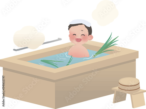 端午の節句の菖蒲湯に入る子供 日本の伝統入浴文化ベクターイラスト