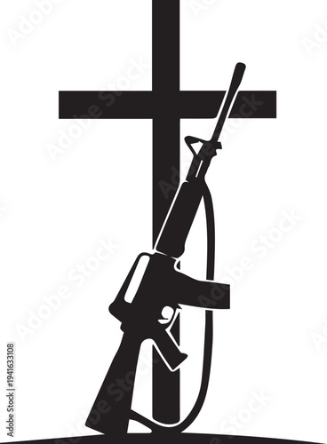 Assault rifle silhouette vector, military weapon hanging on cross line art
