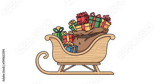 A wooden sleigh overflows with cheerfully wrapped gifts for the holidays