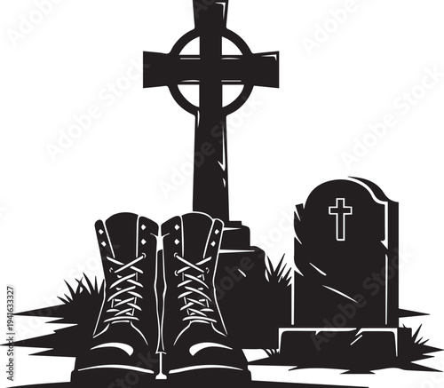 Military gun on cross vector silhouette, warfare, faith, religion, sacrifice, soldier, combat, weapon, faith