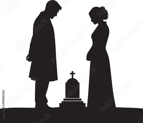 Mourning couple silhouette vector illustration by gravestone line art, funeral scene