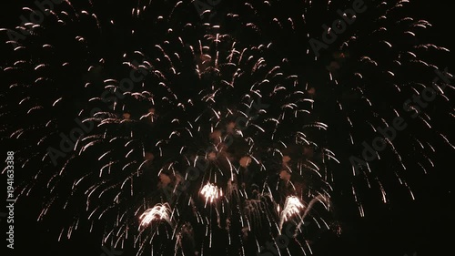 Red and gold fireworks burst in night sky