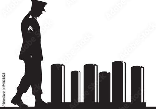 Soldier silhouette illustration walking past gravestones vector on transparent background