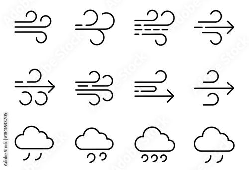 Air, icon set featuring simple wind, breeze, cloud, and zephyr outline symbols, weather and climate concept icons, clean minimal vector