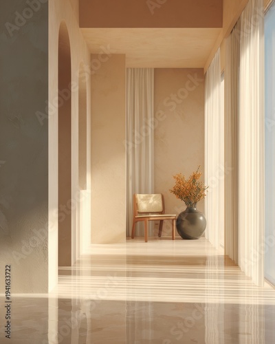 Sunlit beige hallway with arched openings, wooden chair and ceramic vase of dried flowers for interior design and home decor background