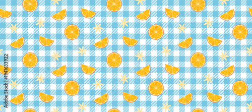 Seamless orange pattern on blue gingham background, citrus fruit slices and flowers on checkered tablecloth texture, summer picnic vector illustration