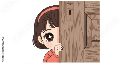 Cute chibi girl peeks from behind a wooden door with a peephole