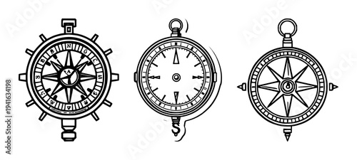 Vintage surveyor's compass sticker set with minimalist design featuring exploration gear, navigation tool, bold borders with simple lines and white background
