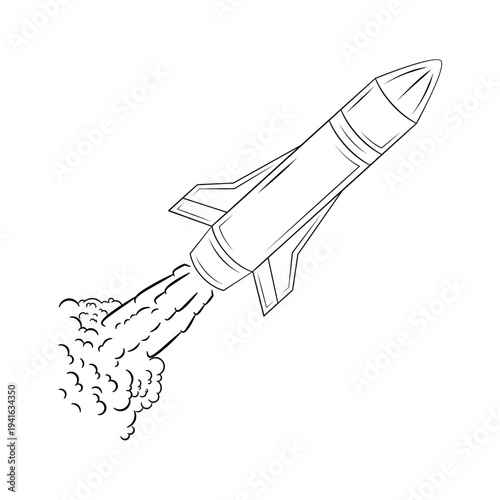 Ballistic missile launching with smoke trail. military rocket weapon flying upward isolated. aerospace defense technology concept. rocket illustration. hand drawn outline line art style.