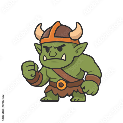 Angry orc warrior. Green orc fighter in horned helmet. Fantasy orc monster ready to attack.