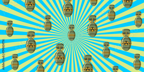 Pattern of falling nuclear bombs on radial burst background. military danger symbol repeating design for war themed artwork. flat vector illustration. cartoon style.