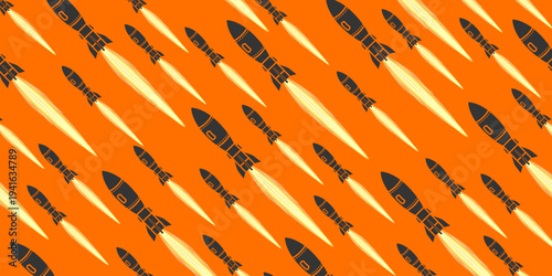 Abstract pattern of rockets flying diagonally with bright fire trails on orange background. dynamic military rocket design. flat vector illustration.