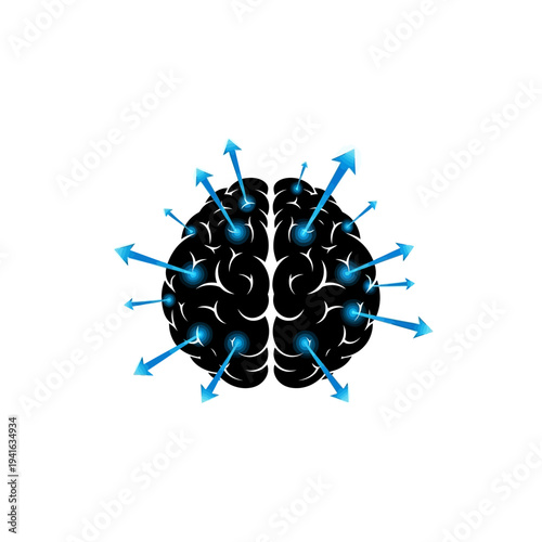 Brain with radiating blue arrows, symbolizing ideas, communication, and mental activity.