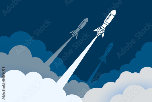 Silhouette of Rockets launching through clouds with bright exhaust trails on dark blue sky. military rocket flight scene. flat vector illustration.