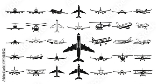 Diverse Collection of Airplane Silhouettes - A Comprehensive Aviation Set.