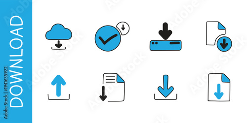 Collection of blue and black line icons for download and workflow