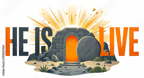 He is alive typography with glowing empty stone tomb concept