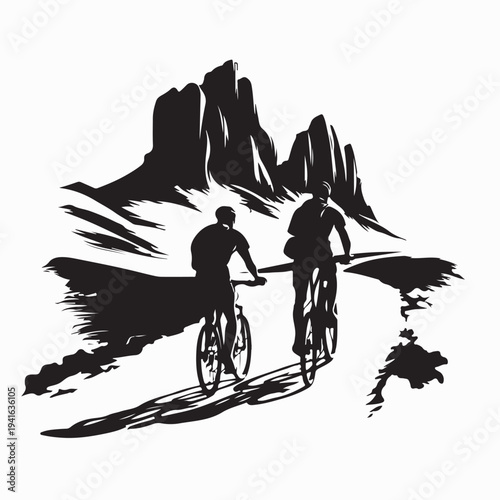 Couple Biking On A Road Through Mountain Cliffs Silhouette Vector