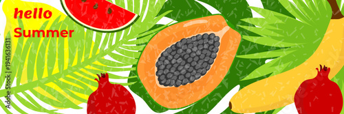 Bright summer background with fruits and palm leaves. A vibrant botanical paradise filled with papaya, watermelon, banana and pomegranate. A fun summer illustration for use on posters, covers, banners