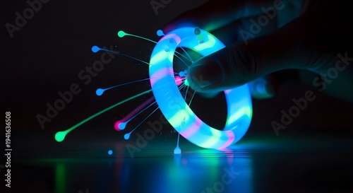 Fiber optic cables forming a glowing illuminated letter c on a dark surface.