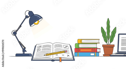Vector illustration of a desk with lamp, books, plant, and computer