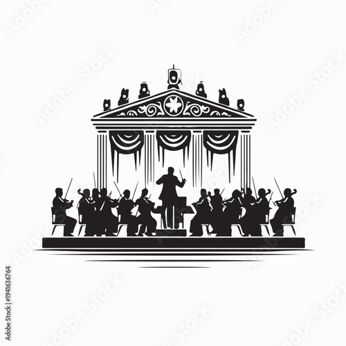 Musicians Playing Instruments In Grand Orchestra Silhouette Vector