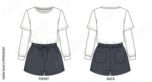 Fashionable Outfit Sketch - Long Sleeve Top and Shorts.