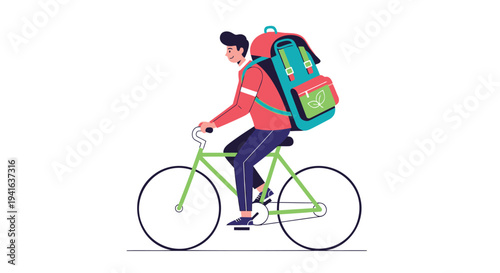 Vector illustration of a man riding a bicycle with backpack